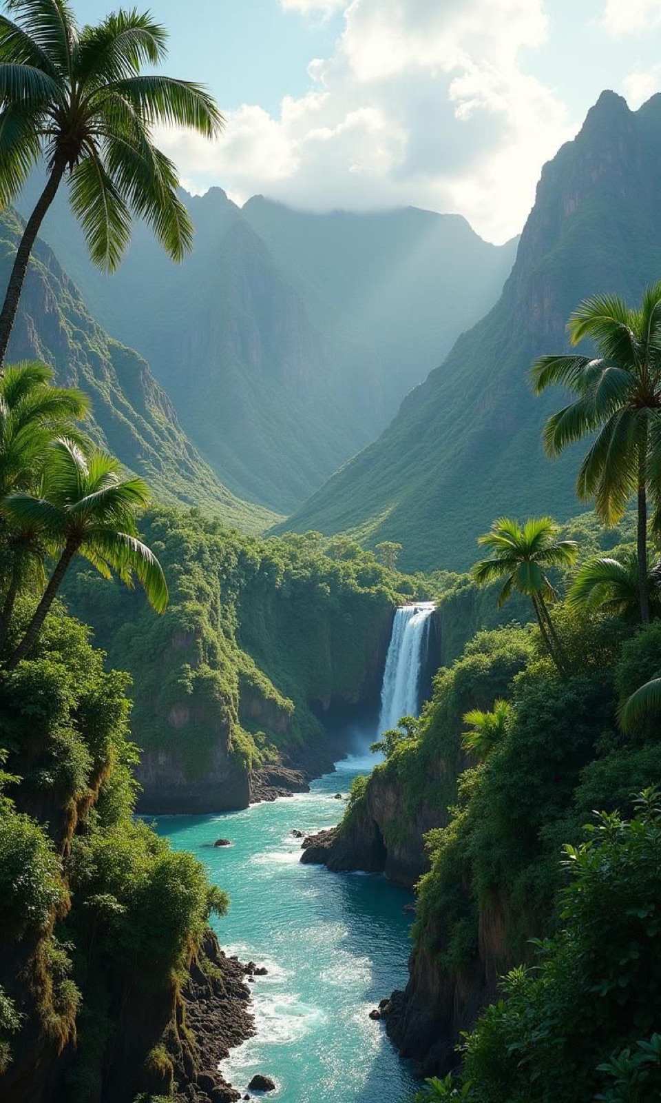 Tropisches Tal auf Hawaii — Wasserfall, Palmen und türkises Wasser, Inspiration für Lomi Lomi Nui
